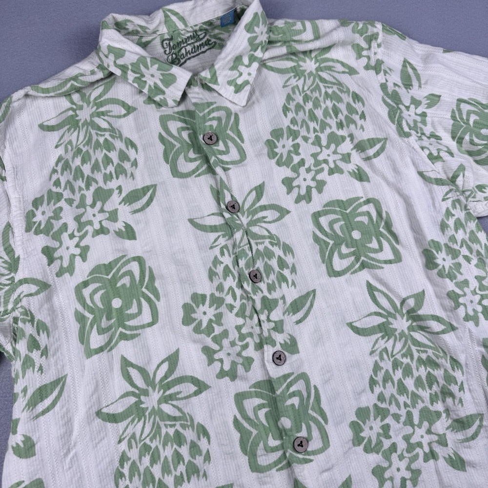 Tommy Bahama Linen Blend Button Shirt‎ Men XL Green Floral Beach Embroidered